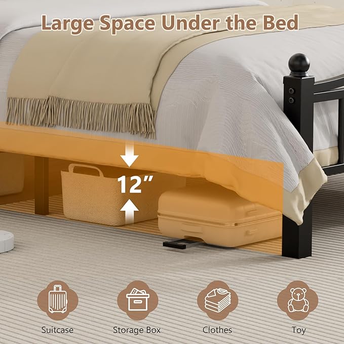 Metal Full Size Bed Frames with Headboard, 1500lb No Squeak Metal Platform with Headboard, 12" Underbed Storage, Tool-Free 30-Min Assembly No Box Spring Needed for Dorms/Apartments