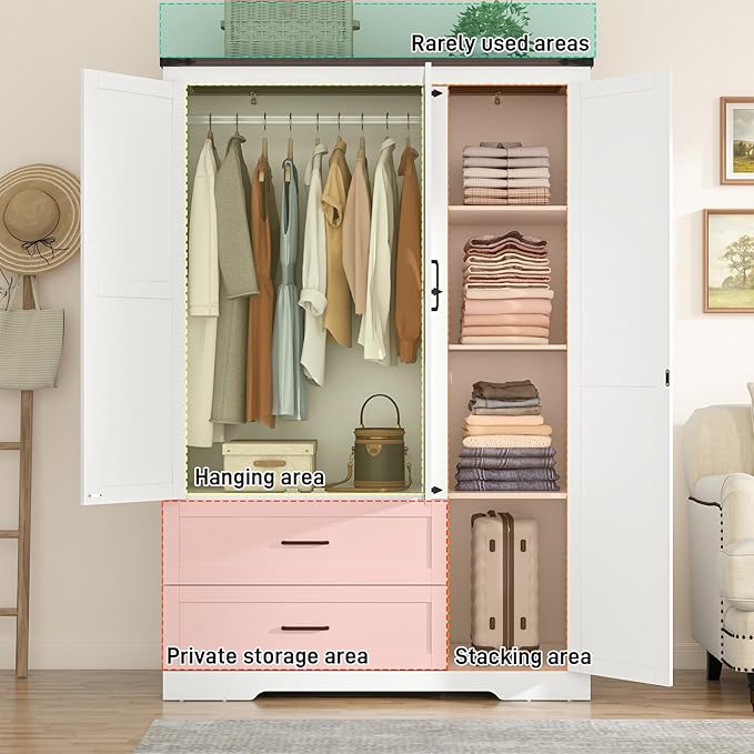 St.Mandyu Farmhouse Wardrobe Armoire Closet with 3 Doors and 2 Drawers, 70.1" Wooden Clothing Storage Cabinet, Freestanding Large Capacity Storage Wardrobe Armoire with Hanging Rod for Bedroom, White