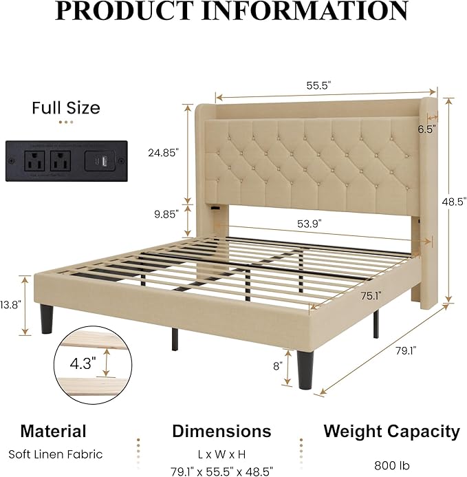 SHA CERLIN Full Size Platform Bed Frame with Charging Station, Linen Wingback Headboard with Storage Shelf, Wooden Slats Support, Ample Under-Bed Space, No Box Spring Needed, Easy Assembly, Beige