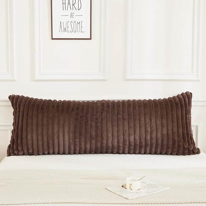 JAUXIO Faux Fur Fluffy Body Pillow Cover Luxury Textured Vertical Stripe Plush Decorative Body Pillowcase, Ultra Soft and Cozy Zipper Closure 21 x 54 Inches, Brown