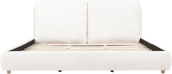 Merax King Size Boucle Fabric Upholstered Platform Bed with Two Removable Pillow Headboard, Wood Bed Frame with Solid Round Legs for Kids Teens Adults, White
