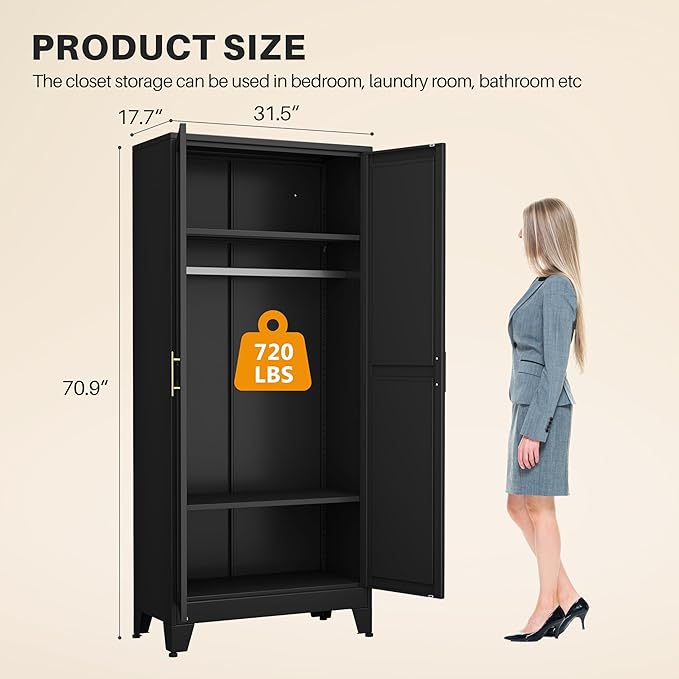 winiowa Metal Armoire Wardrobe Closet with 2 Mirror Doors, 71" Wardrobe Cabinet with Adjustable Shelves and Hanging Rod, Clothing Storage Cabinet Closet with Mirror for Bedroom-Black