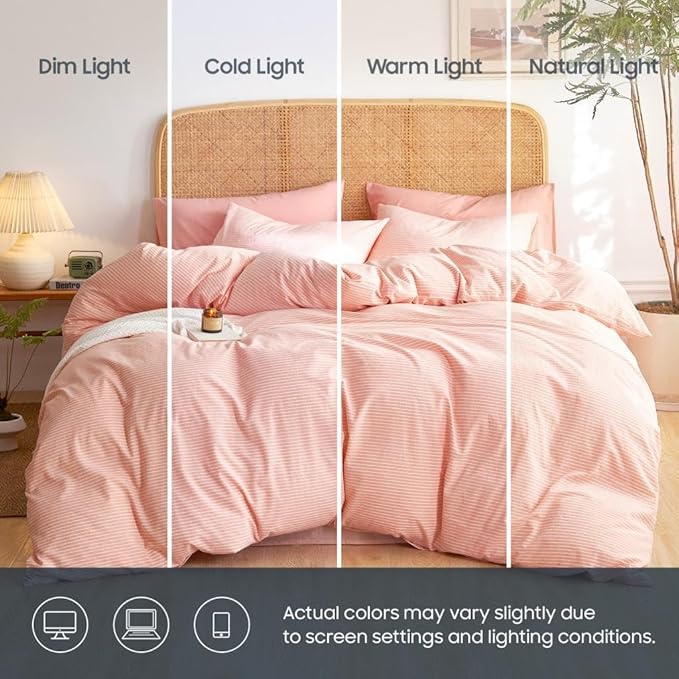 Wake In Cloud - Striped Cotton Duvet Cover Set, 100% Washed Cotton Textured Percale Bedding Set, Ticking Stripe Pinstripe Farmhouse, 3 Pieces, Light Pink, Twin Size