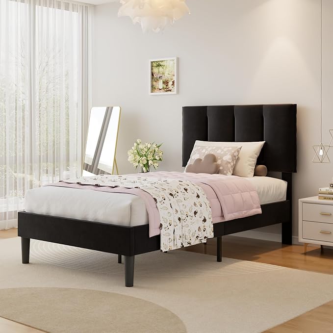 VECELO Twin Size Bed Frame with Upholstered Headboard, Heavy-Duty Bedframe with Wooden Slats & Steel Framework, Easy Assembly, Velvet & Black