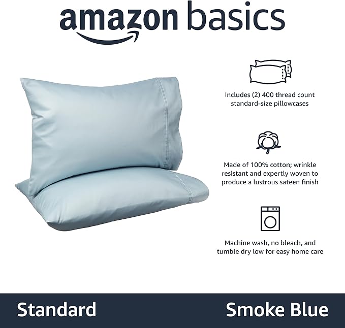 Amazon Basics 400 Thread Count 100% Cotton Pillowcases, Soft, Sateen Weave, Wrinkle Resistant, Standard Size, 20" x 30", Smoke Blue, Set of 2 (Pack of 2)