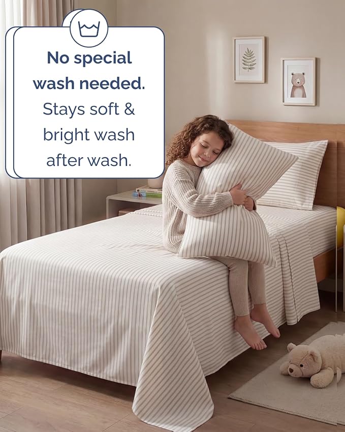 Twin 4 Piece Sheet Set - Comfy, Breathable & Cooling - Soft Hotel Luxury Bedding for Women, Men, Kids, Teens and Children - 1 Flat & 1 Fitted Sheet & 2 Pillowcases with Deep Pockets - Beige Stripes 2