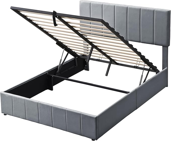 Harper & Bright Designs Upholstered Full beds Gas Lift Up Storage Platform Bed Frame with Tufted Headboard Wooden Slat Support and Under Bed Storage, Grey