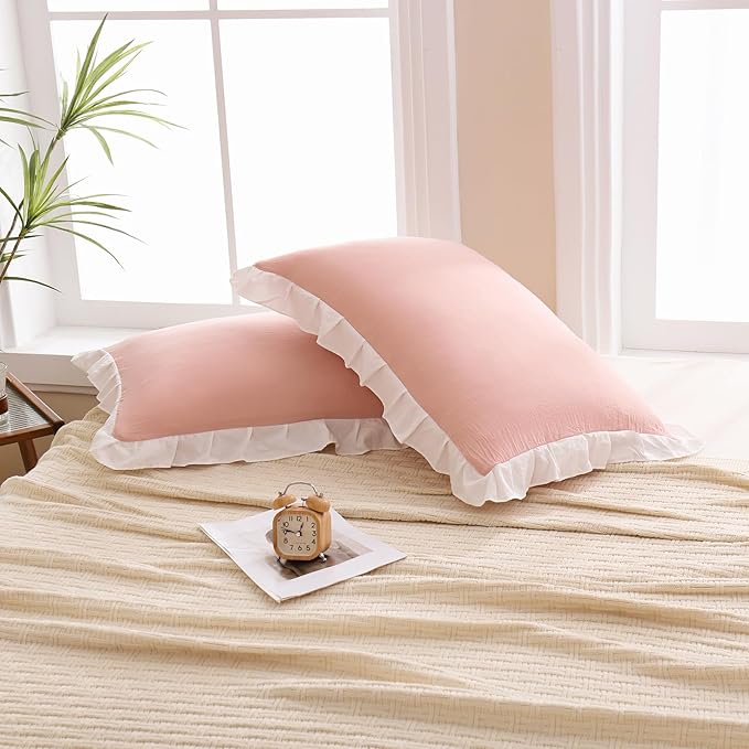 Merryword Pink Pillow Shams Standard Pillowcases 20x26inch Pink and White Reversible Cute Pillow Cover Set of 2 Soft Shabby Chic Ruffled Pillowcases