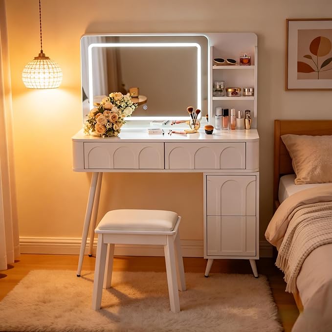 Casaphoria Makeup Vanity Desk with LED Lights & Mirror, 45.5" Dressing Table Set with 4 Drawers and Stool | White Bedroom Makeup Table with Dimmable Brightness, Space-Saving Design for Women & Teens