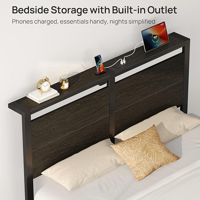 Rolanstar Full Bed Frame with Headboard, Bed Frame Full with LED Lights, Camas Full Size Bed with Charging Station, Solid Metal Slats, Noise Free, No Box Spring Needed, Black