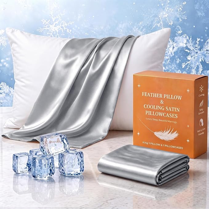 BHZ Grey Satin Goose Down Feather Pillows King Size with Satin Pillowcase for Hair and Skin, Cooling Pillow Cases Similar to Silk Pillow Cases, Decorative for Women, Mom Men