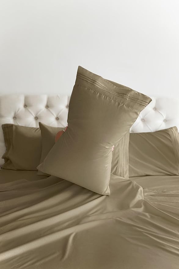 Full 6 Piece Sheet Set - Comfy, Breathable & Cooling - Soft Hotel Luxury Bedding for Women, Men, Kids, Teens & Children - 1 Flat & 1 Fitted Sheet & 4 Pillowcases w/ Deep Pockets - Wrinkle Free - Khaki