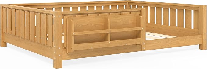 Bellemave Full Size Kids Montessori Bed with Bookshelf,Solid Wood Full Floor Bed Frame with Fence and Slats for Girls Boys,Low-Profile,Light Natural