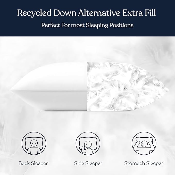 Bed Pillows Set of 2 GOTS Certified Organic Cotton Sateen Shell, Down Alternative Fill, Hypoallergenic, Cooling & Breathable, GOTS + Oeko-TEX + GRS, Eco-Friendly, Standard 20"x28"