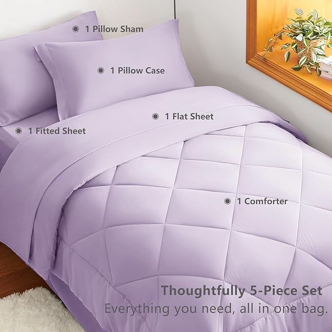 CozyLux Twin XL Comforter Set Light Purple - 5 Pieces Twin Extra Long Bed in a Bag for College Dorm, All Season Bedding Set for Girls and Boys, Soft Bed Set with Comforter, Sheets, Pillowcase & Sham
