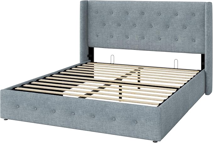 Allewie Full Size Lift Up Storage Bed, Button Tufted Headboard with Wingback, Hydraulic Support, No Box Spring Needed, Grey Blue