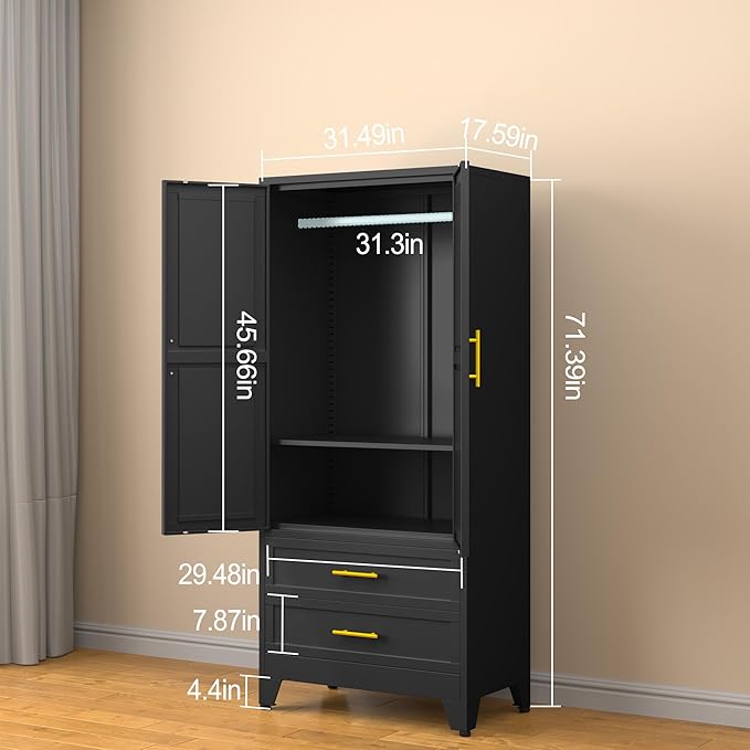 erosoei Metal Armoire Wardrobe Closet, 71 "Metal Clothing Storage Cabinet with Adjustable Shelves and Hanging Rod, Household Steel Wardrobe Storage Cabinet with Drawers (Armoire-Black)