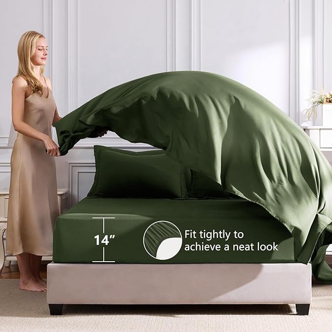 CozyLux Oversized Queen Comforter Set Olive Green - 7 Pieces Bed in a Bag Comforter Set with Sheets, Luxury Soft Bed Set, Bedding Set with Down Alternative Comforter, Sheets, Pillowcases & Shams