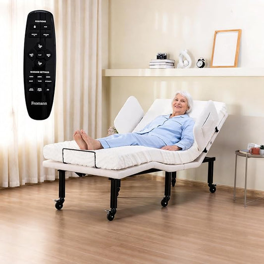 Fromann Twin XL Adjustable Bed Frame with Side Rails for Elders, Adjustable Base with Wheels, Eletric Bed Base Remote & Massage, Zero Gravity, Head and Foot Incline, Nightlights