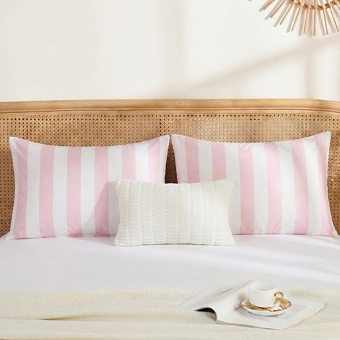 Merryword Standard Size Pillowcases, 100% Cotton Pillow Cases, Pink and White Striped Pillowcases, Soft Breathable Wide Stripe Pillow Covers, Set of 2