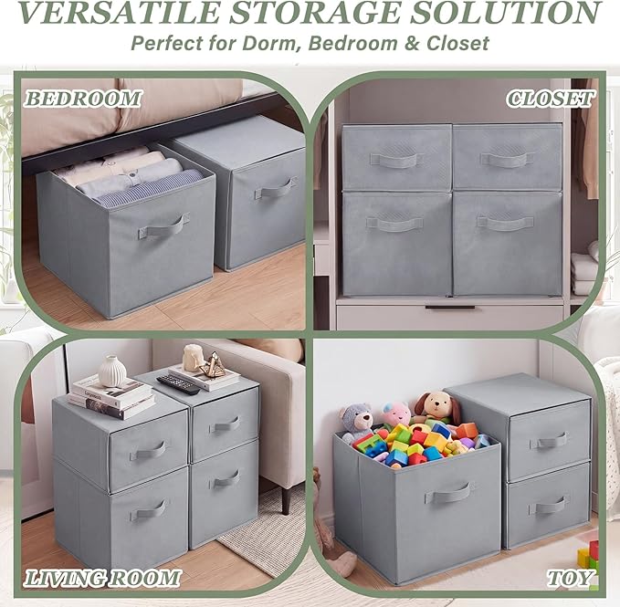 Weysat 4 Cube Stackable Under Dorm Bed Storage Container Foldable Closet Drawer Organizer Fabric Storage Cube Bins for Dorm Essentials College Closet Bedroom Living Room Nursery(Dark Gray,17.72 Inch)