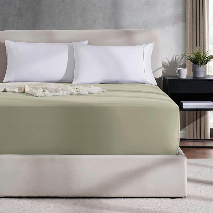 Nestl 2 Pack Olive Green Fitted Sheet Extra Deep Pocket, Hotel Luxury FullFitted Sheet Only Easily Fits 18 to 24 Inch Mattress, Super Soft, Wrinkle-Free and Breathable with Corner Straps