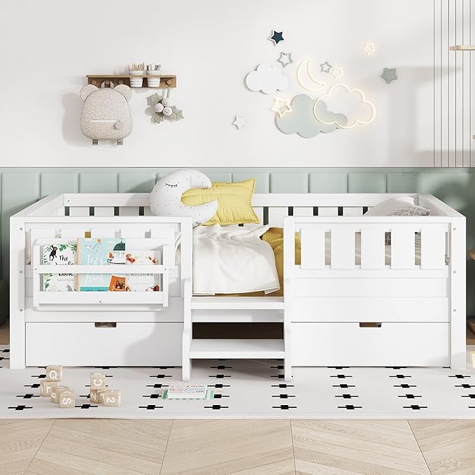 Bellemave Full Size Kids Montessori Bed with Stairs and Bookshelf,Solid Wood Full Size Kids Bed Frame with Drawers and Storage for Girls Boys,Low-Profile,White