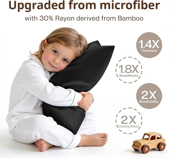 MR&HM Breathable Pillowcase 13"x18" Travel Pillow Case Set of 2, Ultra Soft Pillow Covers, Moisture-Wicking & Skin-Friendly, Envelope Closure (Black)