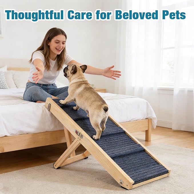 Dog Ramp for Bed, Adjustable Height 10" to 19.5" (5 Levels) Folding Ramp for Dogs to Get on Bed, Solid Wood Dog Ramps for Small Dogs Senior Dogs, Non-Slip Waterproof Easy Storage for Bed Couch