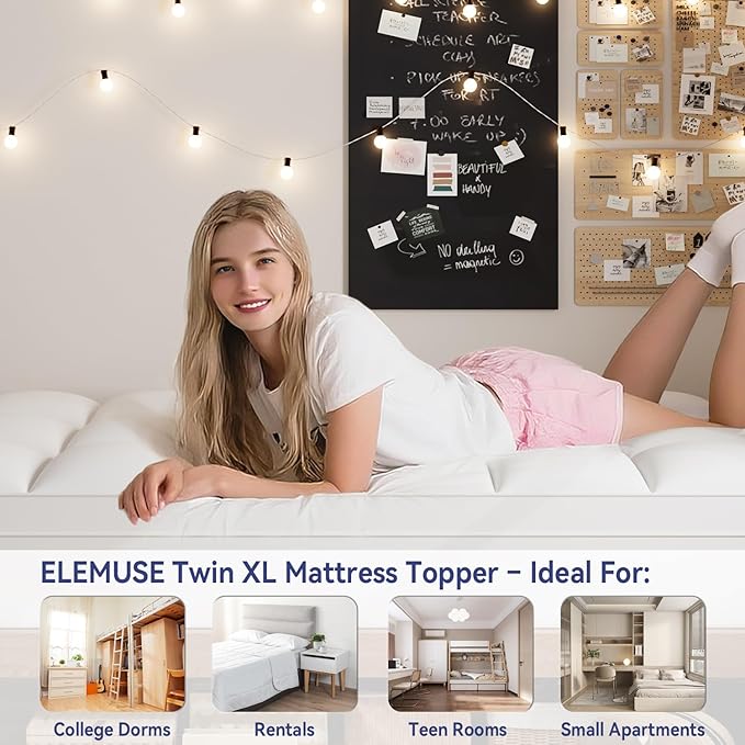 ELEMUSE Twin XL Mattress Topper for Dorm Bed, College Dorm Room Essentials for Girls&Guys, Soft Comfortable Bed Upgrade for Back to School, Apartment&Rental Use