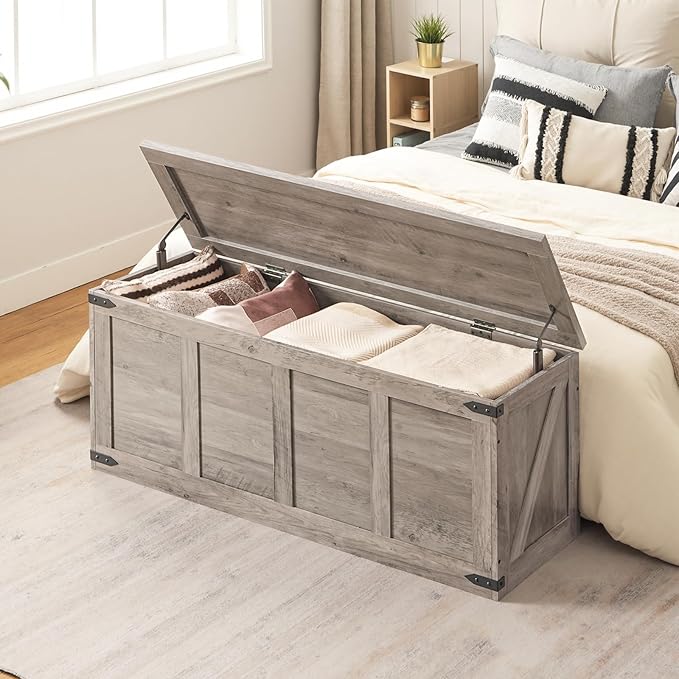 HOOBRO Storage Bench, 47.2”Toy Box Organizer with Safety Hinges, Farmhouse Wooden Storage Chest, for Hallway, Bedroom, Living Room, Greige BG520CW01
