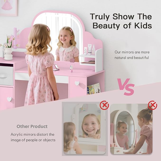 Kids Vanity with Lights and Chair, Princess Makeup Vanity Desk with Mirror Bookshelf Storage Cabinet,3 in 1 Toddler Vanity Table,Children Makeup Dressing Table,Pretend Play Vanity for Little Girl-Pink