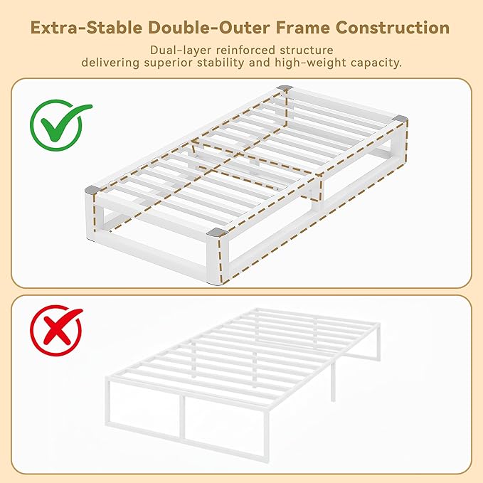 10 Inch Twin Bed Frames with Rounded Corner and Squeak Free U-Slot Design, Metal Platform Bed Frames 6 Non-Slip Guards, 3500lbs Heavy Duty Steel Slat Support, No Box Spring Needed, White