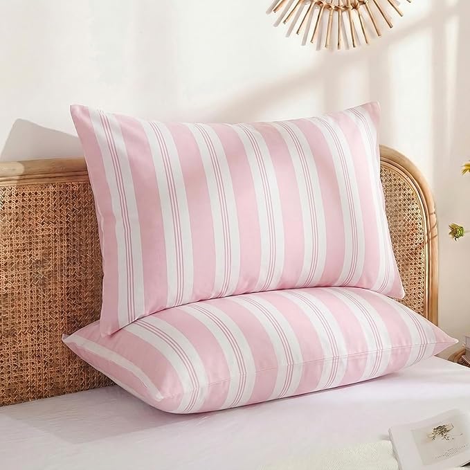 Merryword Pink Striped Pillowcases, 100% Cotton Pillow Cases, King Size Pillowcases, Luxury Linen Like Pillowcase, Soft Breathable Stripe Pillow Covers, Set of 2