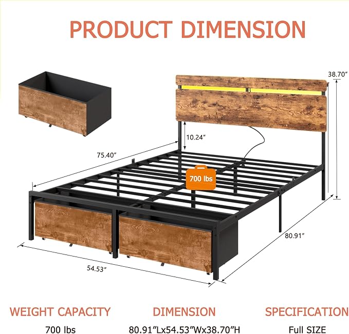 Forestell Full Size Bed Frame with Wood Headboard, Metal Platform Bed with 2 Storage Drawers & Shelf, Built in Charging Station & LED Lights, No Box Spring Needed, Vintage Brown, Camas Full