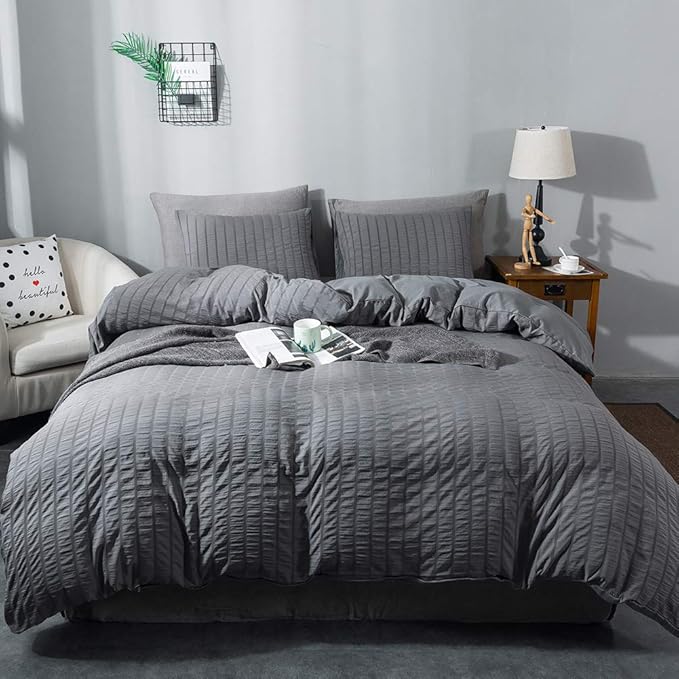 AveLom Seersucker Duvet Cover Set Full Size (80 x 90 inches), 3 Pieces (1 Duvet Cover + 2 Pillow Cases), Dark Gray Ultra Soft Washed Microfiber, Textured Duvet Cover with Zipper Closure, Corner Ties
