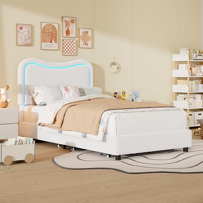 GarveeHome Upholstered LED Twin Bed Frames for Kids with 2 Drawers and Headboard, Cute Twin Bed with Storage for Girls, Boys, Sturdy Platform Bed, No Box Spring Needed, Wooden Slats, Noise, White