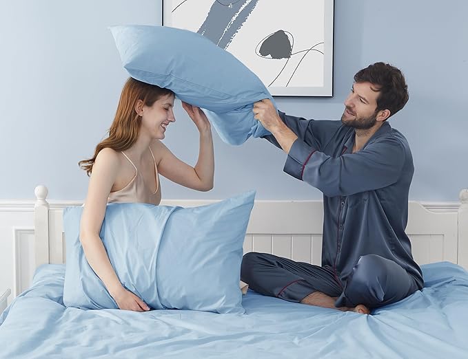 Pillow Cases, Standard Queen Size Cotton Percale Weave Pillowcases, Pre-Shrunk Breathable and Hypoallergenic Pillowcases, Set of 2 (2 Piece Standard/Queen 20 Inch x 30 Inch, Light Blue)