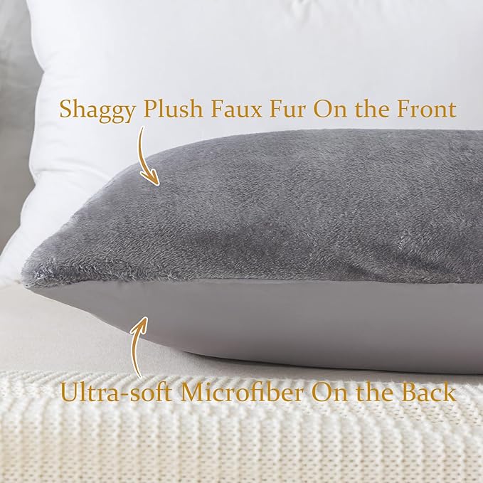 Whatsbedding Sherpa Body Pillow Cover, Ultra Soft Faux Fur Body Pillowcase, Luxury Shaggy Plush Long Pillowcase, Envelope Closure - Grey (20x54 inch)