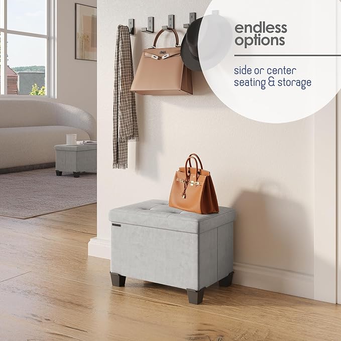 Storage Ottoman Cube with Small Bin, 16-in Square Ottoman with Storage for Living Room and Bedroom, Small Ottomans Foot Rest, Velvet Foot Stools Ottomans Max 330lbs, Light Grey