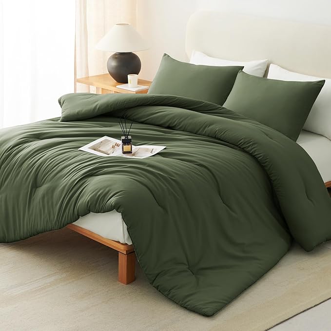 CozyLux California King Comforter Set Olive Green, 3 Pieces Cal King Solid Breathable Bedding Sets for All Seasons, Luxury Soft Lightweight Bed Set with Down Alternative Comforter and 2 Pillowcases