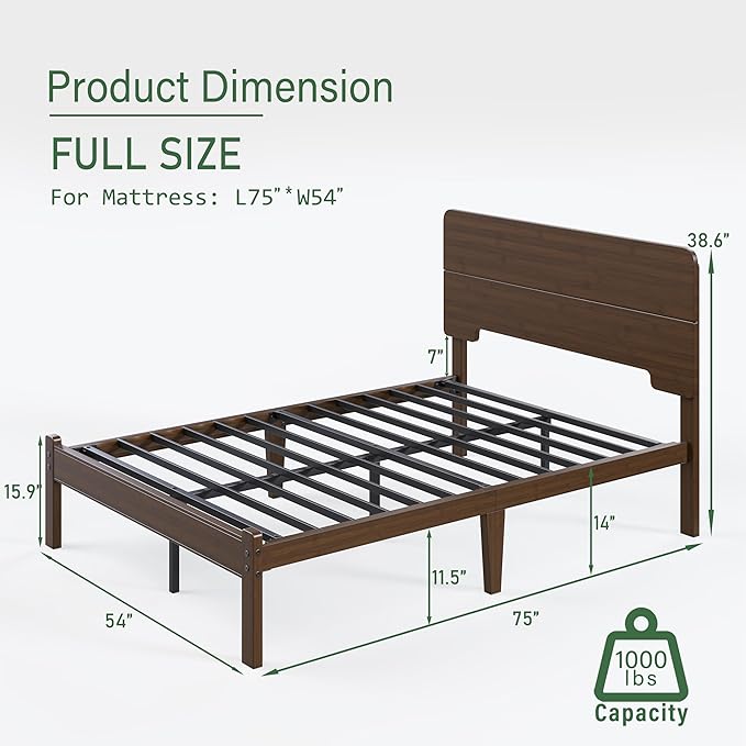 BOSRII 14in High Solid Bamboo Wood Platform Full Size Bed Frame with Headboard, Reinforced Heavy Duty Metal Slats, Noise Free, No Box Spring Needed, Easy Assembly, Walnut