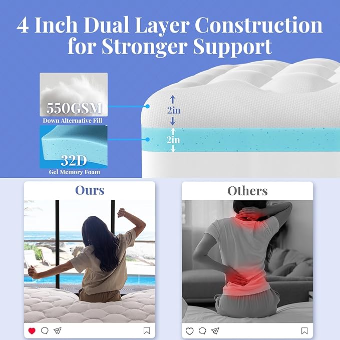 OhGeni Cooling 4 inch Dual Layer Twin XL Mattress Topper 2 Pack for College Dorm Room Essentials, 2 inch Gel Memory Foam, 2 inch Down Alternative Pillow Top Pad, Mattresses Cover for Bed, Deep Pocket