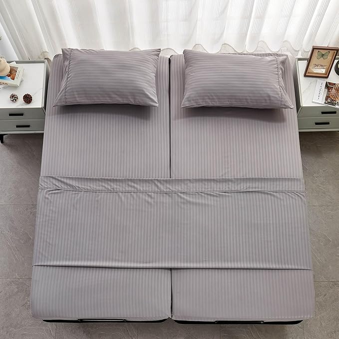 Kingnex Striped Split King Sheets Sets for Adjustable Bed with Deep Pocket Ultra Soft 1800 Brushed Microfiber 5 Pieces Include 2 Twin XL 39x80 Fitted Sheets 1 Flat Sheet 2 King Size Pillowcases Grey