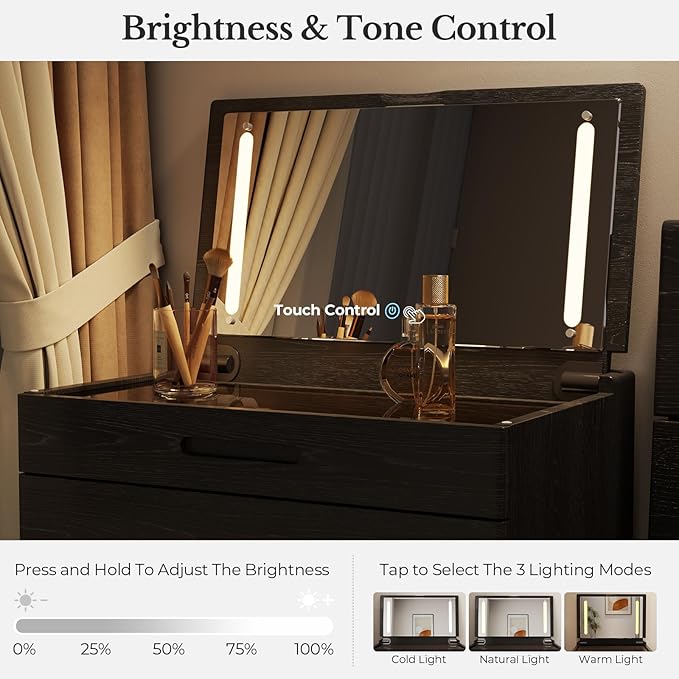 Muwuele Solid Wood Small Vanity Desk with Mirror and Lights, Narrow Makeup Vanity for Small Space, Flip Top Vanity Side Table, 3 Color Modes & Adjustable Brightness, 23.6" Slim Dressing Table, Black