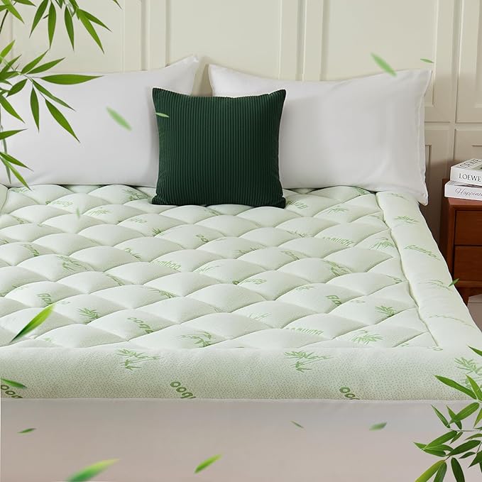 Queen Mattress Topper, Viscose Derived from Bamboo Thick Pillow Top Mattress Pad with Deep Pocket, Naturally Cooling for Hot Sleepers, Soft for Back Pain Relief, Premium Green