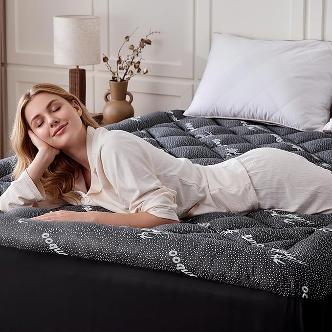 Queen Mattress Topper, Viscose Derived from Bamboo Thick Pillow Top Mattress Pad with Deep Pocket, Naturally Cooling for Hot Sleepers, Soft for Back Pain Relief, Premium Dark Grey