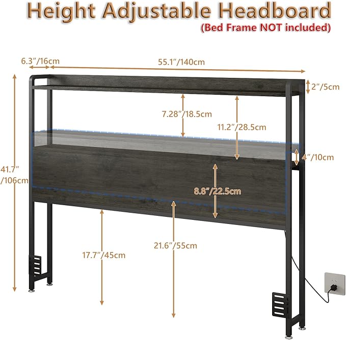 METYERRY Adjustable Full Size Headboard with Outlets, USB Ports,Type-C,LED Lights, and Storage, Rustic Brown, Sturdy Headboard for Enhanced Comfort and Functionality,Black Oak,Bed Frame NOT Included