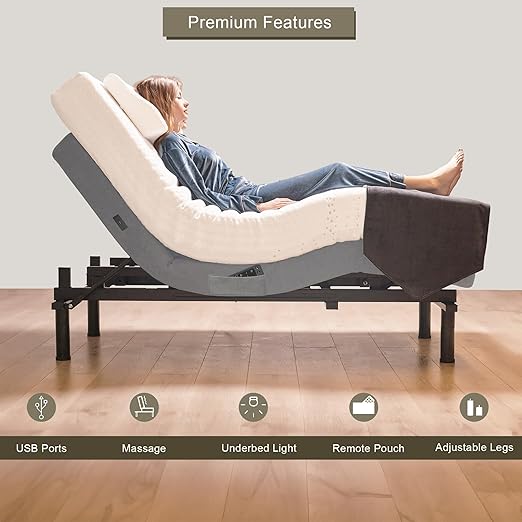 Irvine Home Collection Queen Adjustable Bed Base - Dual Massage - USB Ports - Zero Gravity - Underbed Light - Wireless Remote - Zero Clearance - Anti Snore - Memory Positions