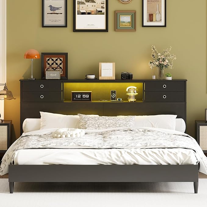 GiftGo Queen Size Headboard with 4 Fabric Storage Drawers Charging Station LED Light Adjustable Height Storage Rack Sturdy and Stable Metal Frame & Wood Shelf (Black, King (U.S. Standard))